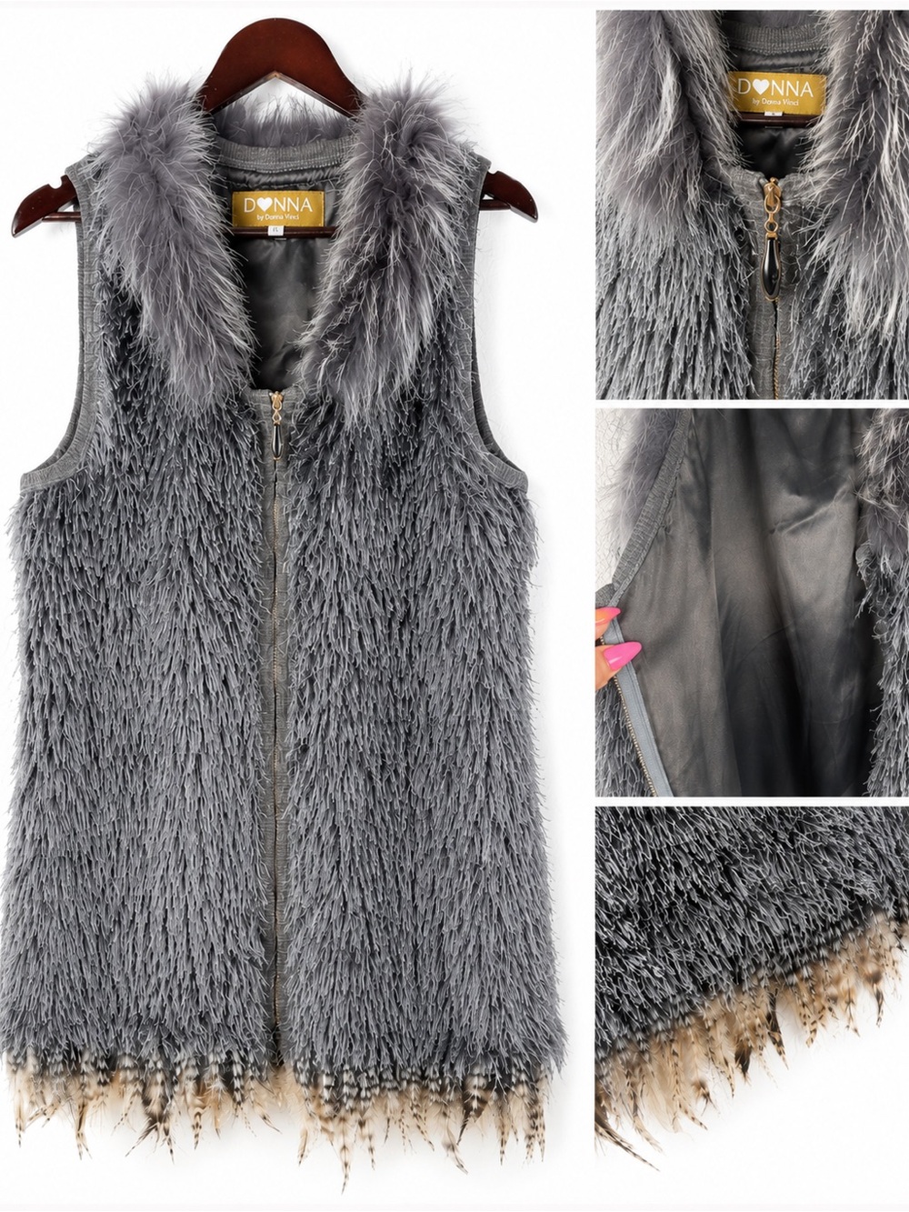 Donna by Donna Vinci Faux Fur Vest | Feather Trim | Glam Statement Piece | Large